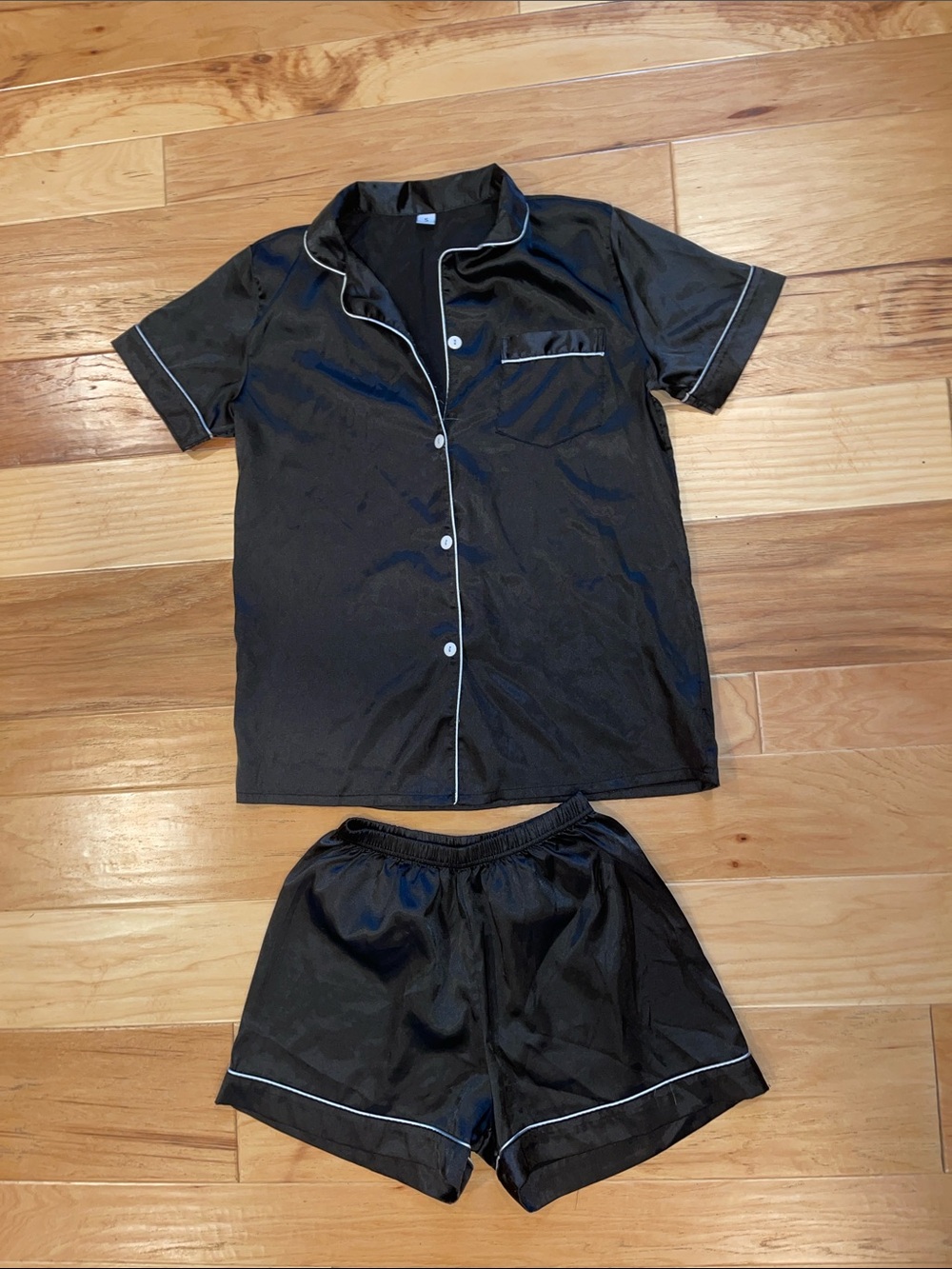 Woman’s Black Satin Pajama Set - shorts and button tee